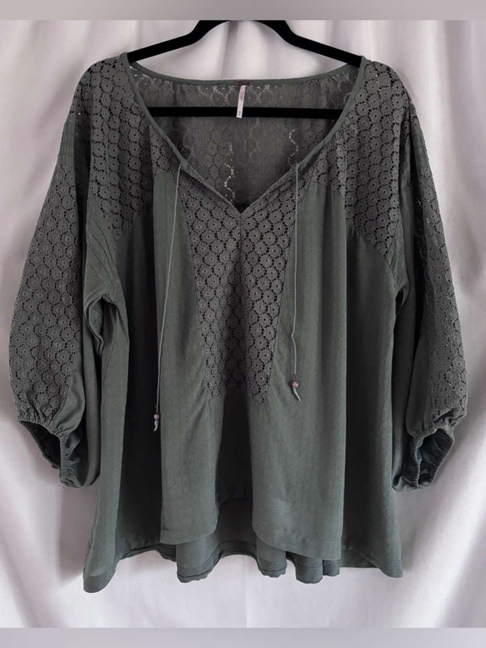 Free People Olive Green Lace Yoke Balloon Sleeve Tunic ~ Sz M ~ Boho, Romantic